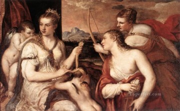 Titian Painting - Venus Blindfolding Cupid nude Tiziano Titian
